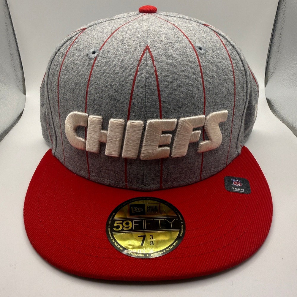 New Era 59FIFTY Kansas City Chiefs Hat Heather Pinstripe Grey Red Fitted 7 3/8